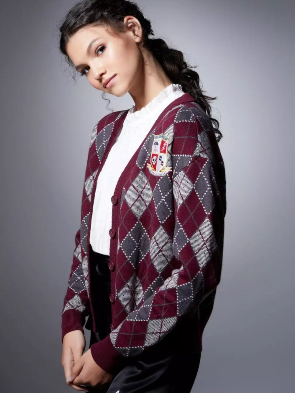 Her Universe Umbrella Academy Argyle Cardigan Sweater Burgundy Gray Academia NWT